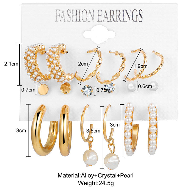 European Love Heart & Pearl Diamond Earring Set - 6 Piece Gold Round Ring Collection