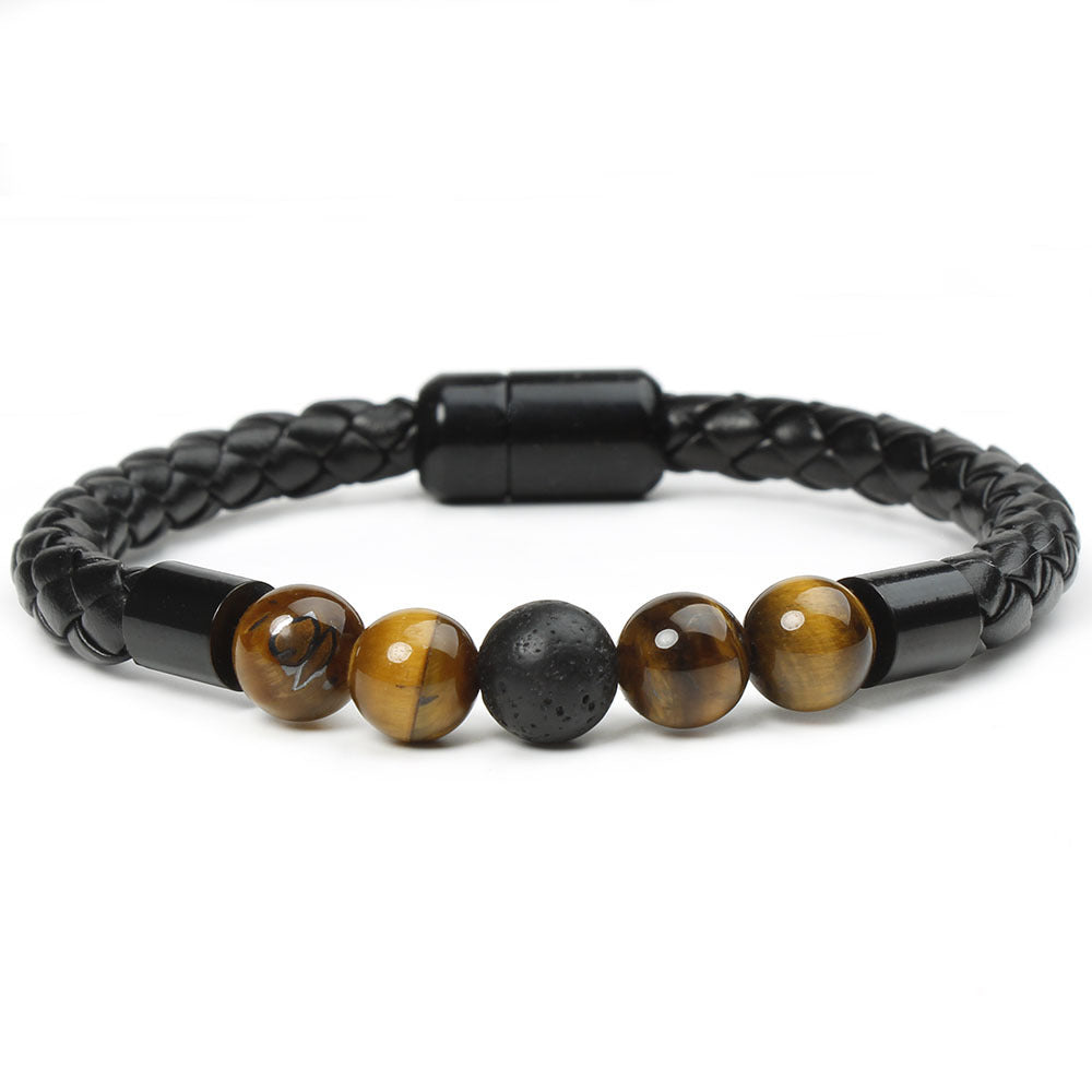 Retro Geometric Tiger Eye Stone Beaded Leather Bracelet