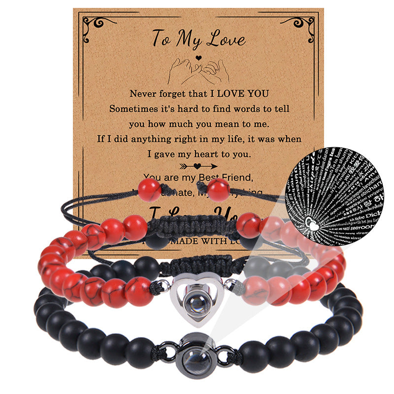 Romantic Heart Shape Natural Stone Projection Bracelets with 100 Languages Card Gift Set