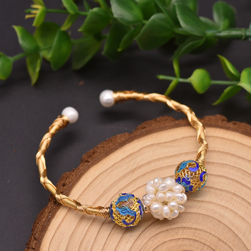 Retro Enamel Baroque Pearl Crystal Stretch Bracelet