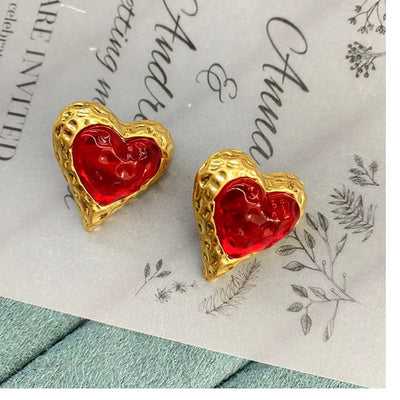 Gold Plated Heart Shape Glass Gemstone Stud Earrings with S925 Silver Needle