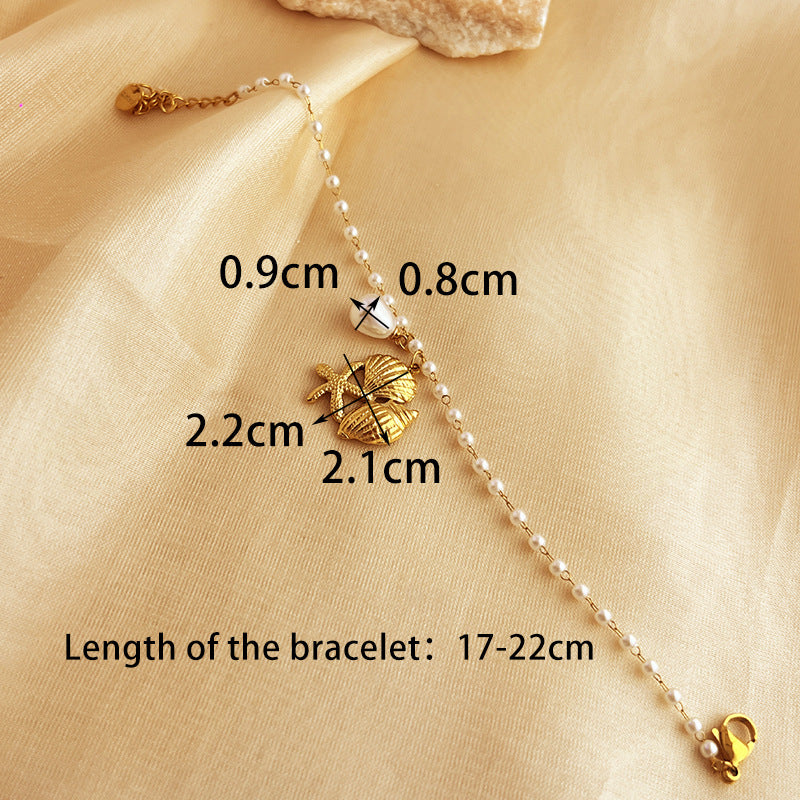 Hawaiian Starfish Conch Shell Pearl 18K Gold Plated Stainless Steel Bracelet for Women