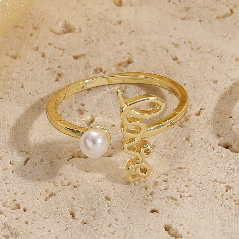 Retro Love Zircon Pearl 14K Gold Plated Copper Open Ring