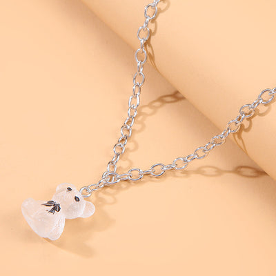 Cartoon 3D Bear Pendant Alloy Necklace with Bowknot and Heart Design