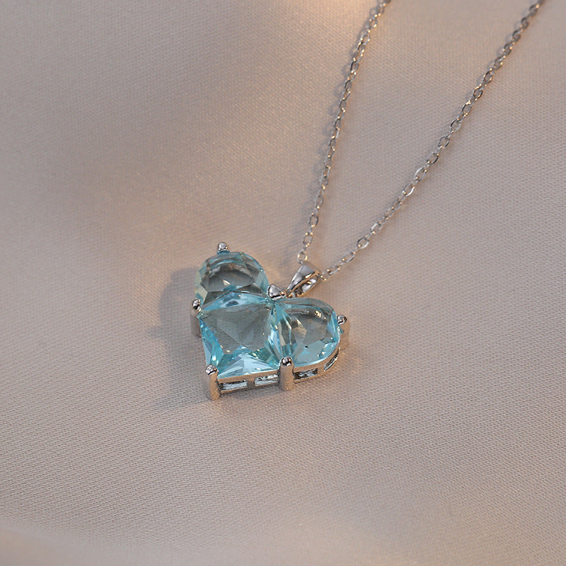 Sweet Heart Blue Crystal Zircon Titanium Steel Pendant Necklace