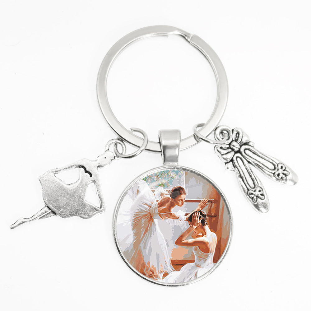 Artistic Ballet Dancer Round Alloy Metal Keychain Pendant