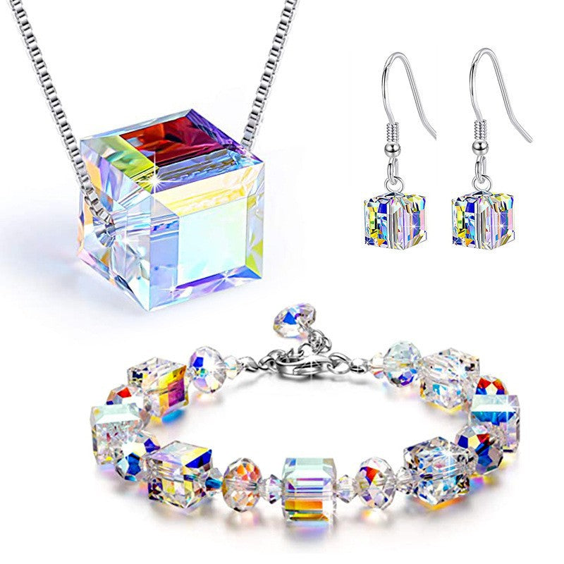 Austrian Crystal Geometric Square Jewelry Set for Women - Bracelet, Necklace, and Earrings