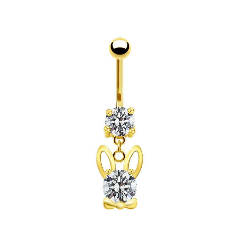 Elegant Cute Cat & Rabbit Zircon Navel Ring - Stainless Steel & Gold Plated Piercing Jewelry