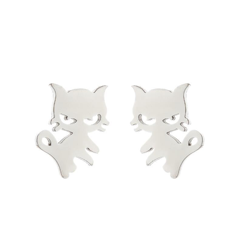 Fashion Stainless Steel Animal Ear Studs - Black Cat & Dog Design