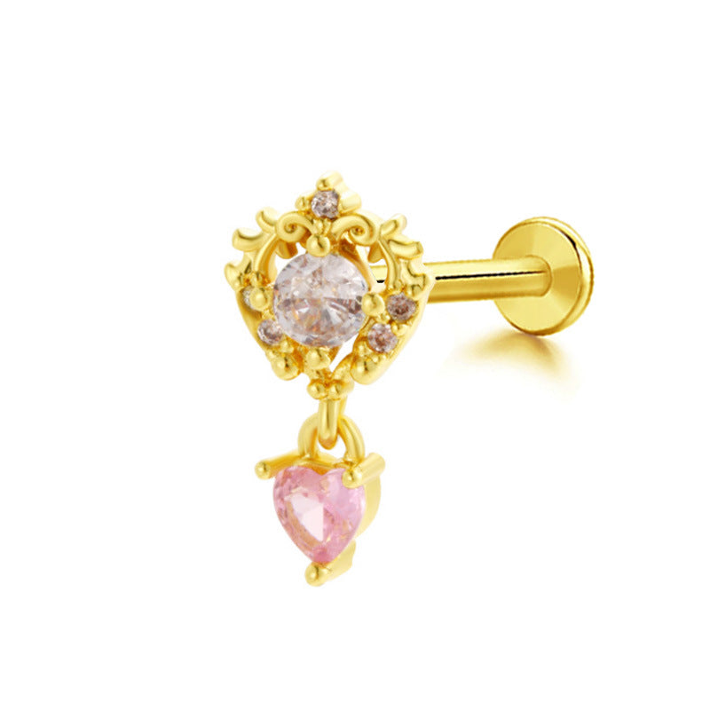 Hip-Hop Rock Star Moon Bat Crown Pink Pendant Lip Stud 316L Stainless Steel Gold Plated Piercing Jewelry