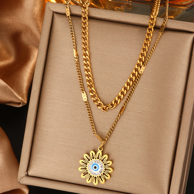 Wholesale Jewelry Vintage Style Commute Devil's Eye Star Moon 304 Stainless Steel Turquoise Rhinestones Shell 18K Gold Plated Plating Inlay Layered Necklaces