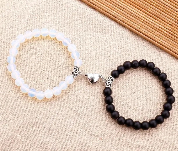 Simple Heart Shape Agate Magnetic Couple Bracelets Set