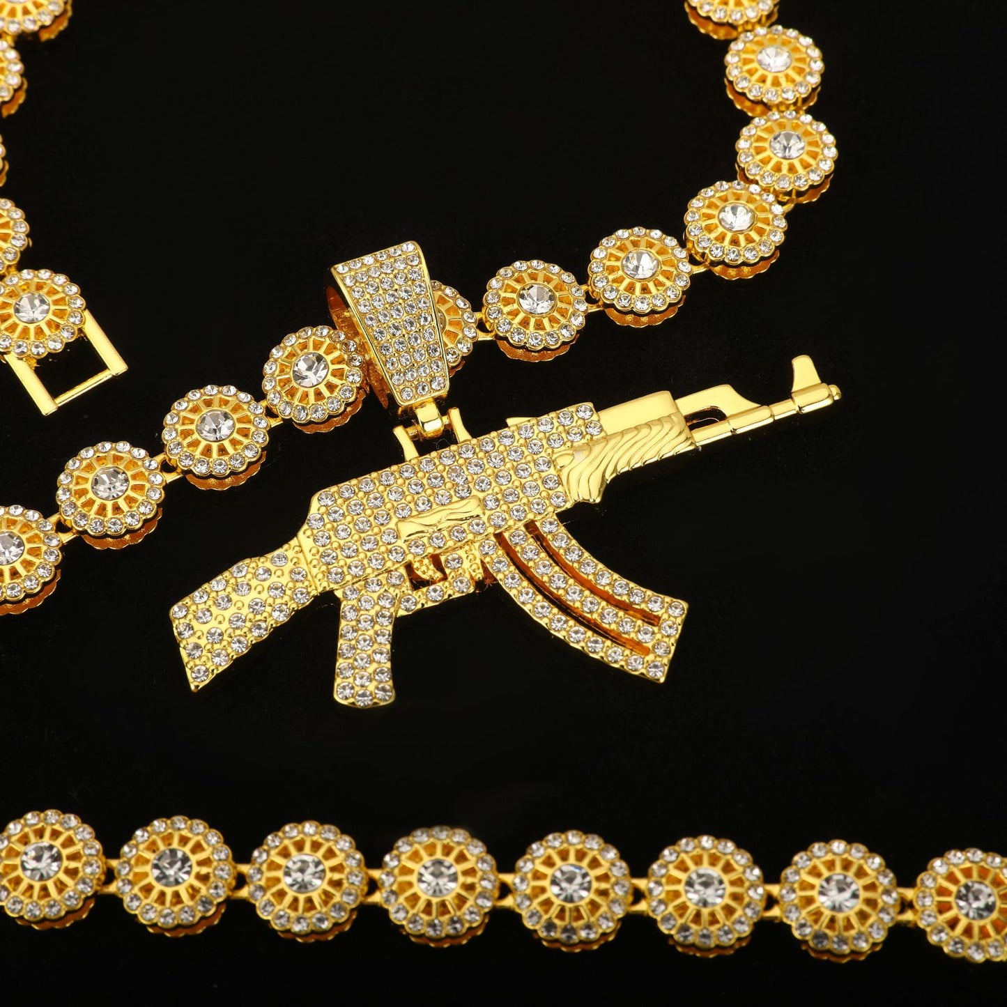 Hip-Hop Rhinestone Inlay Gun Pendant Cuban Link Necklace Jewelry Set