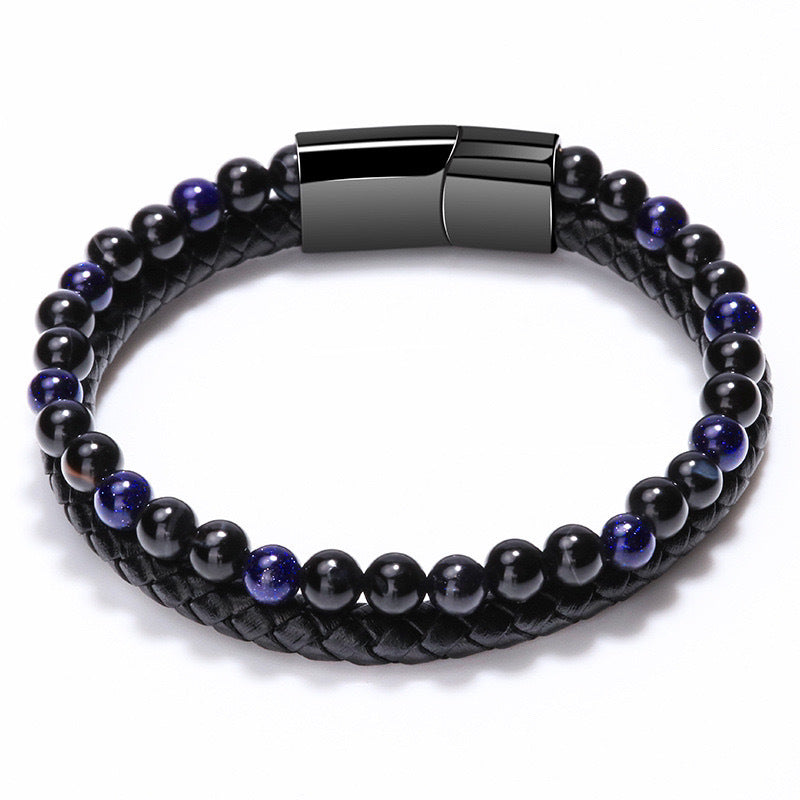 Hip-Hop Punk Geometric Stainless Steel Leather Tiger Eye and Obsidian Beaded Bracelet