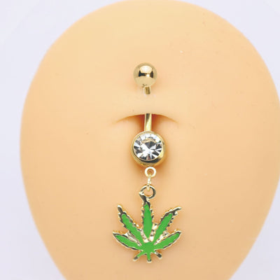 Elegant Sunflower Maple Leaf Rhinestone Inlay Belly Ring - Stainless Steel and Copper with White Gold Plating