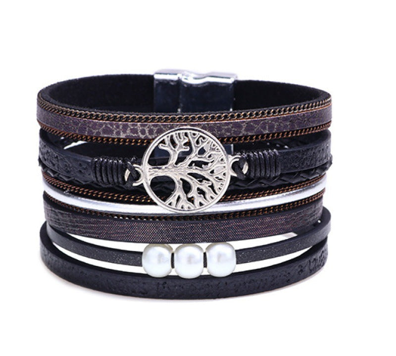 Vintage Hand-woven Leather Bracelet with Life Tree and Magnetic Buckle