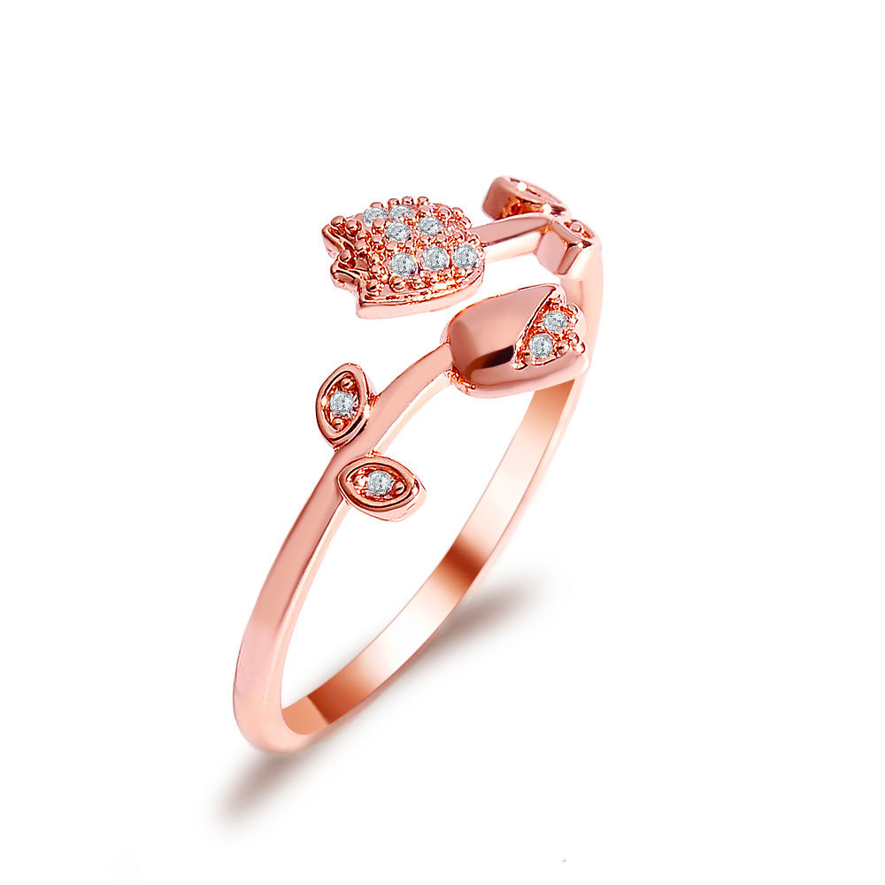 Luxurious Rose Copper Camellia Open Ring for Women