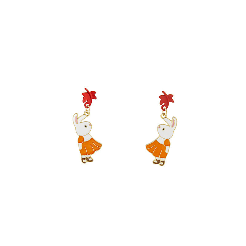 Cartoon Animal Enamel Pearl Drop Earrings with Bow and Flower Design