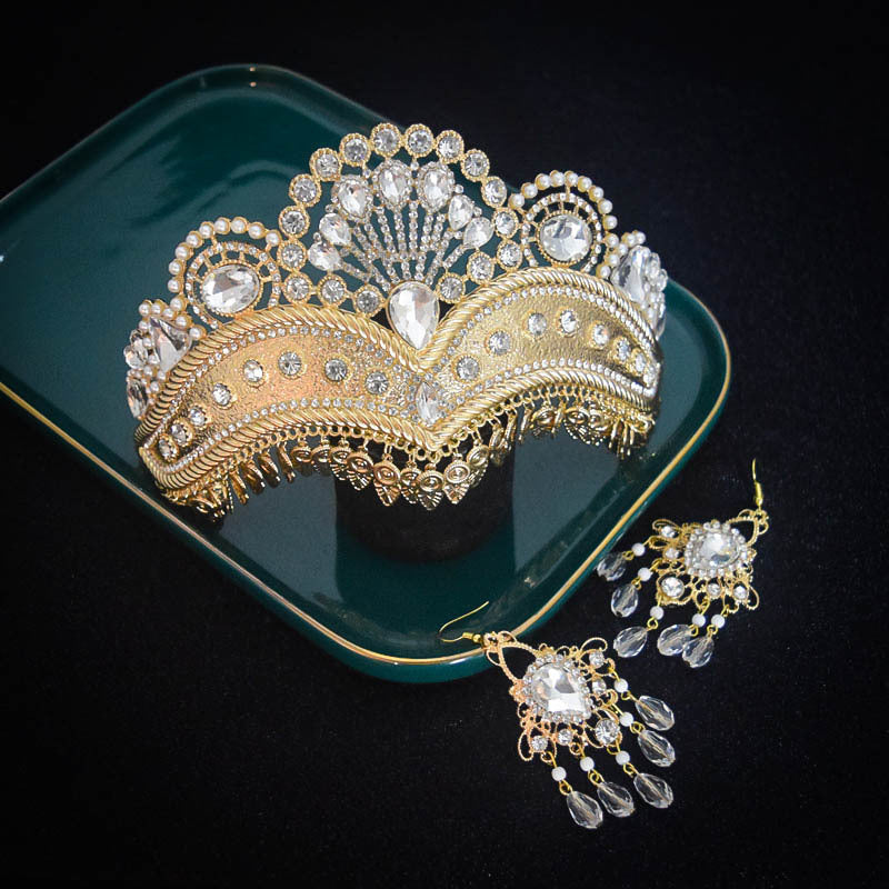 Retro Ethnic Gold Crown Pearl Bridal Headpiece Earrings