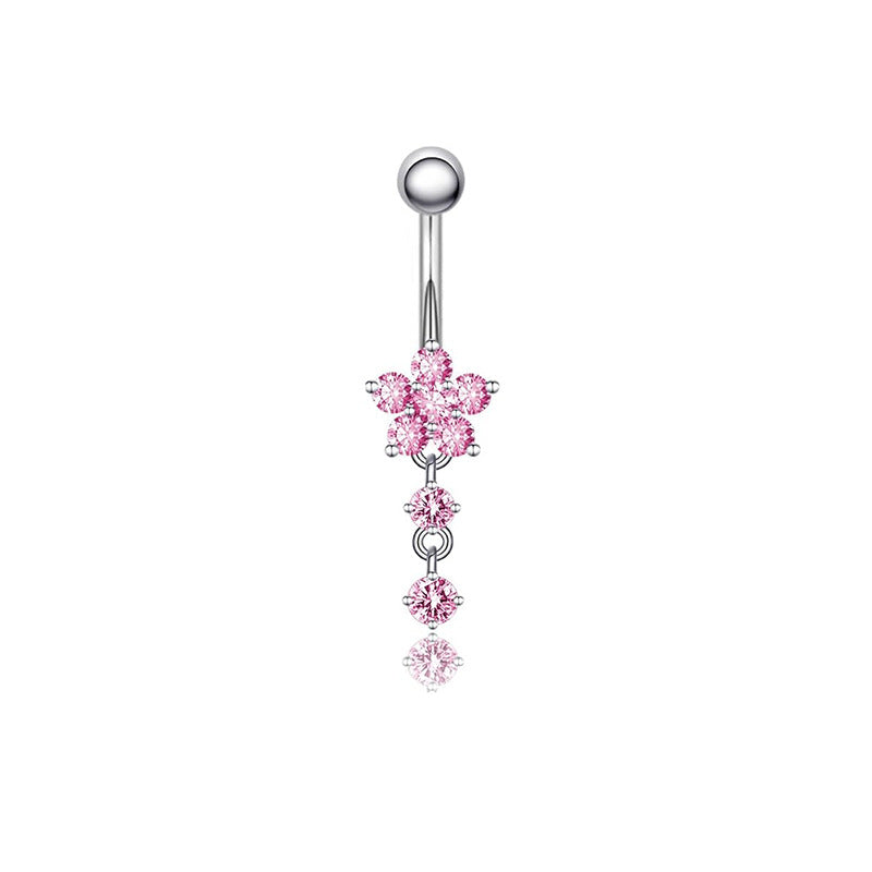 Heart Shape Zircon Inlay Stainless Steel Belly Ring with Pink Butterfly Pendant