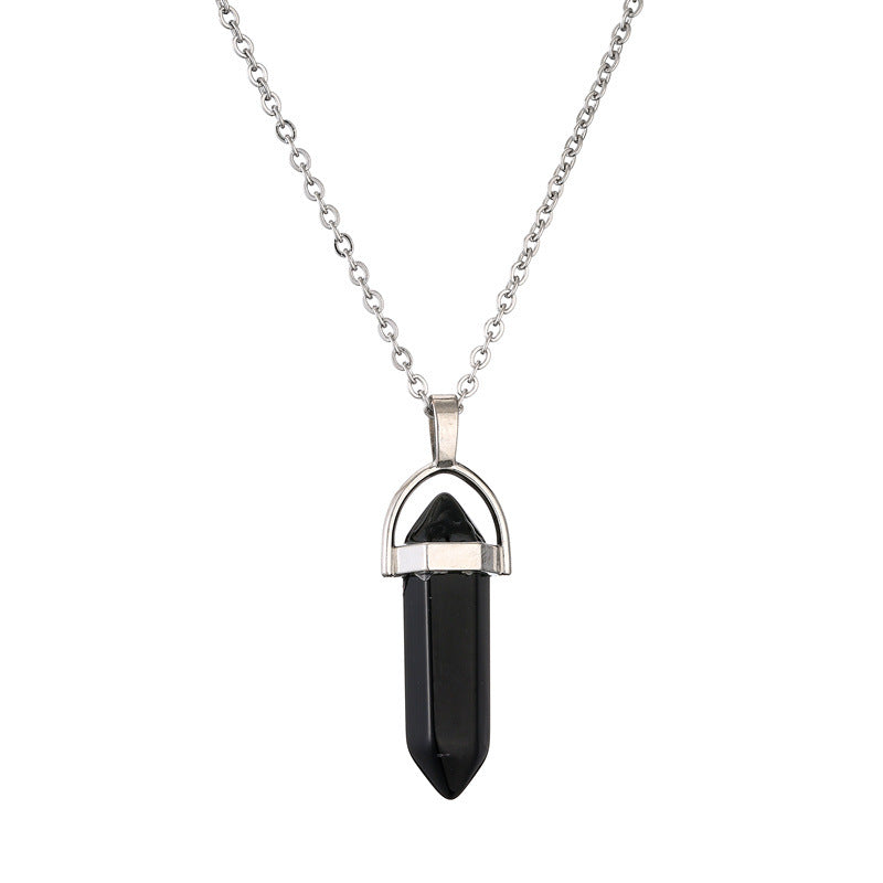 Ethnic Geometric Stainless Steel Natural Stone Crystal Pendant Necklace