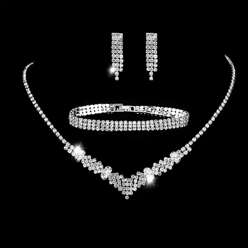 Fashion Geometric Rhinestone Jewelry Set - Necklace, Earrings, and Bracelet