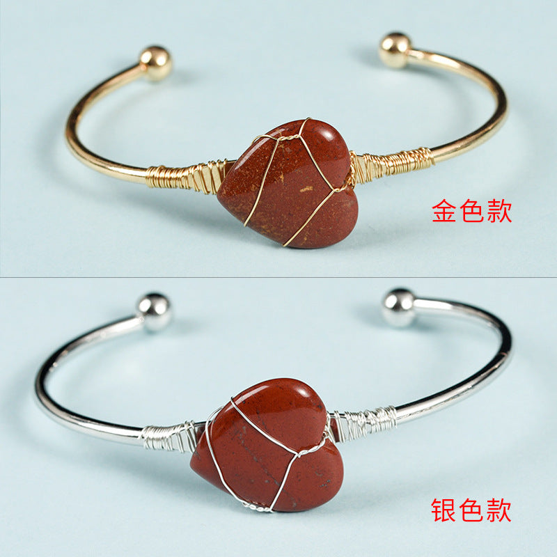 Simple Heart Crystal Bangle with Gemstone Beads Bracelet