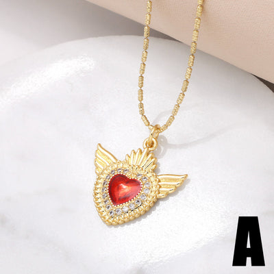 18K Gold Plated Heart Shape Zircon Wing Pendant Necklace