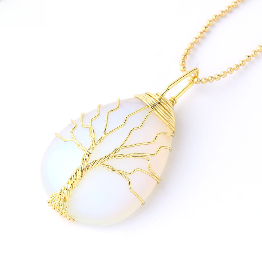 Elegant Gold & Silver Wire Wrapped Teardrop Natural Crystal Gemstone Pendant Necklace for Women