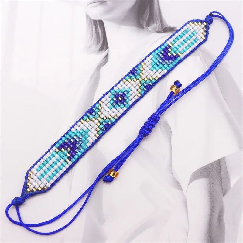 Elegant Geometric Palm Heart & Devil's Eye Miyuki Hand-Woven Pearl Bracelet