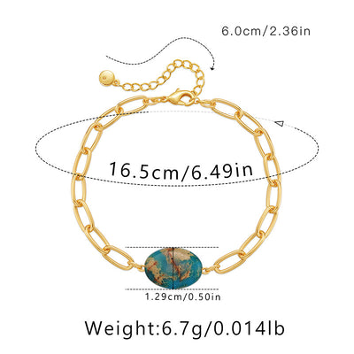 Retro Oval Green Natural Stone 18k Gold Plated Copper Bracelet for Women