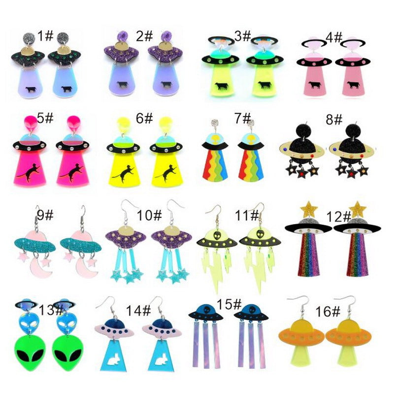 Exaggerated Geometric Acrylic UFO Cat Rainbow Star Moon Drop Earrings