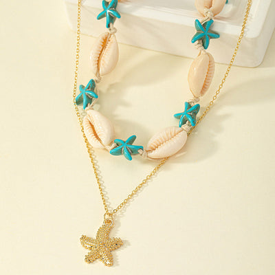 Beach Tropical Tortoise Starfish Shell Pendant Necklace - Vintage Layered Style for Women