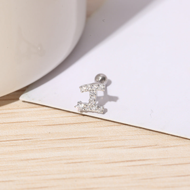 IG Style Shiny Letter Zircon Inlay Stainless Steel Cartilage Stud Earrings with Threaded Screw Closure