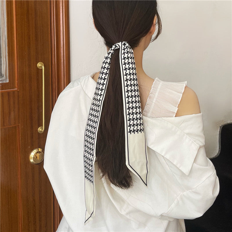 Women's Elegant Geometric Silk Scarf and Hair Ribbon Accessory