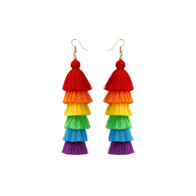 Bohemian Rainbow Tassel Drop Earrings - Vintage Long Handmade Statement Jewelry