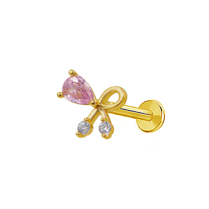 Butterfly Bow Knot Zircon Piercing Lip and Ear Studs - Stainless Steel & Gold Plated