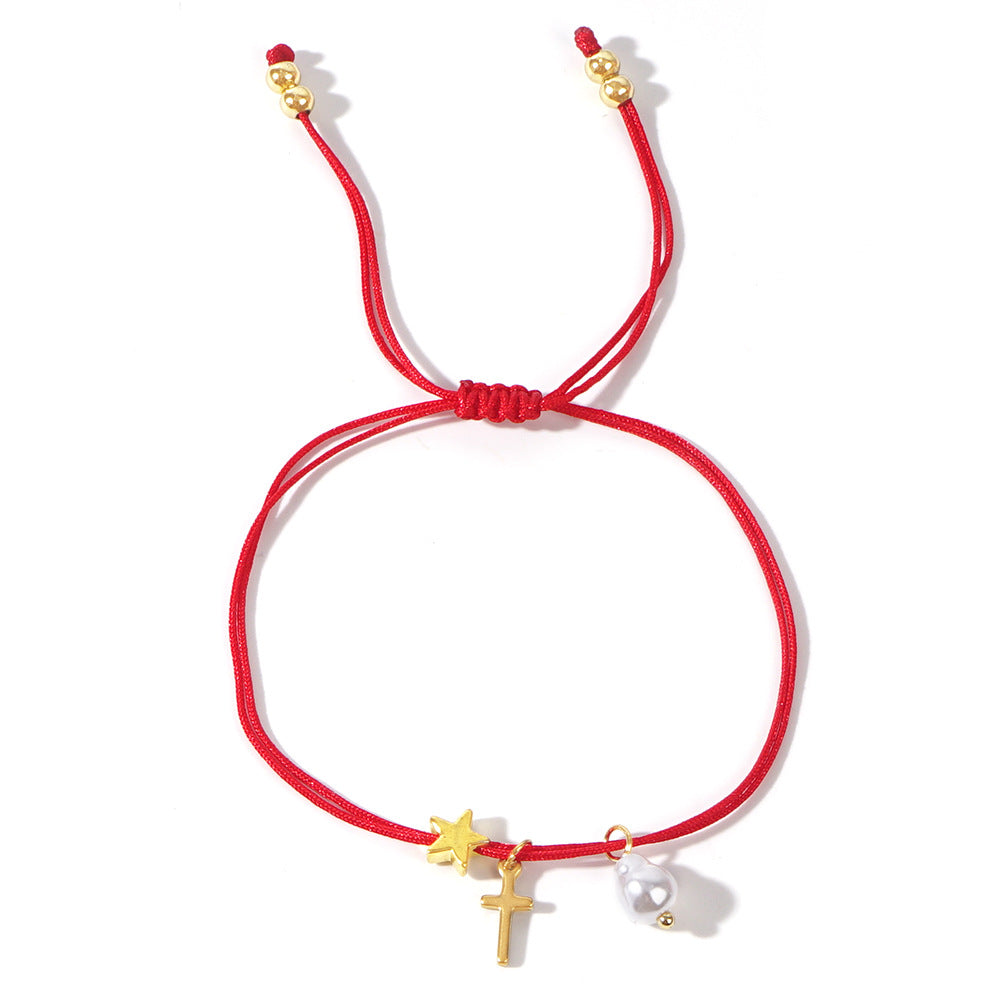 Simple Cross Star Copper Bead Bracelet with Imitation Pearl and Red Rope Pendant