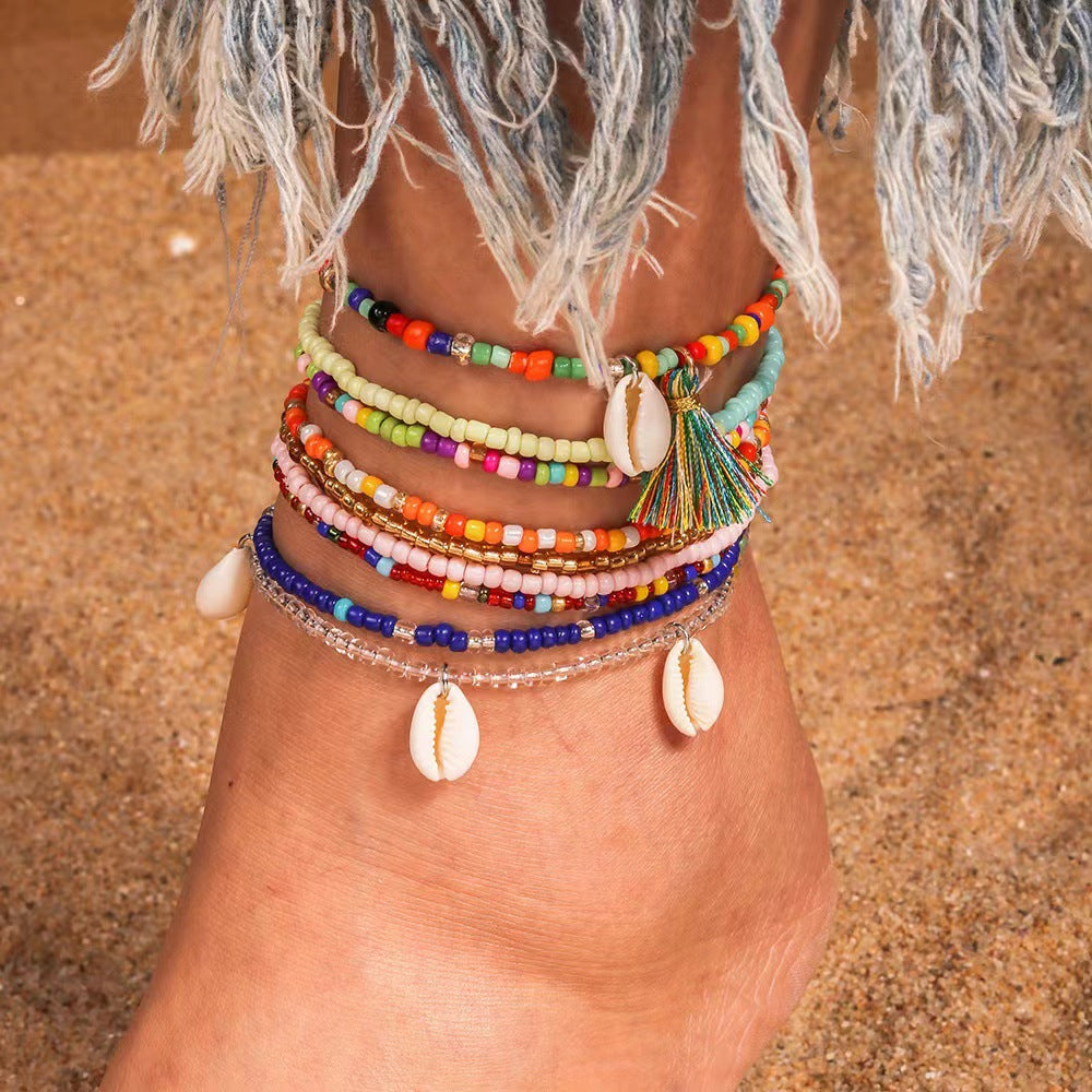 Beach Bohemian Heart Shape Beaded Rhinestone Anklet with Shell Pendant