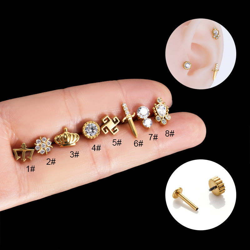 G23 Titanium Cross Crown Zircon Lip and Ear Stud Set