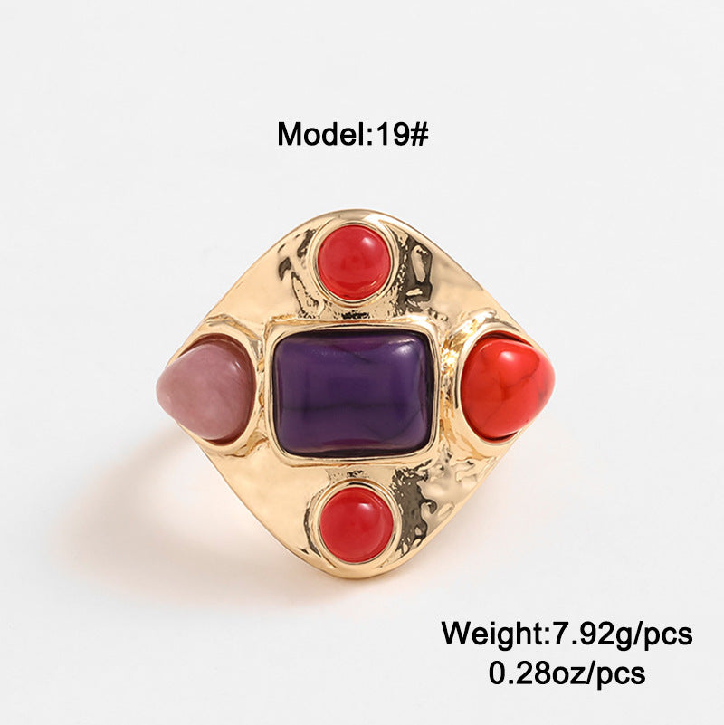 Vintage Geometric Alloy Semi-precious Stone Inlay Rings with Turquoise and Tiger Eye Design