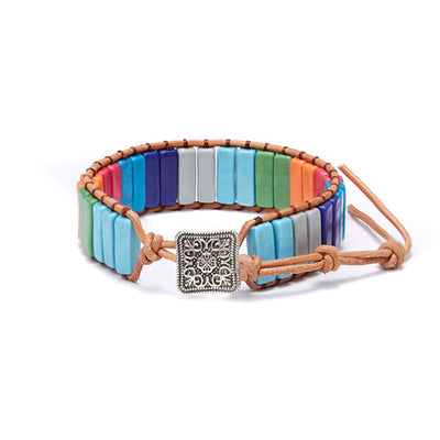 Ethnic Color Block Agate Stone Handmade Leather Bracelet