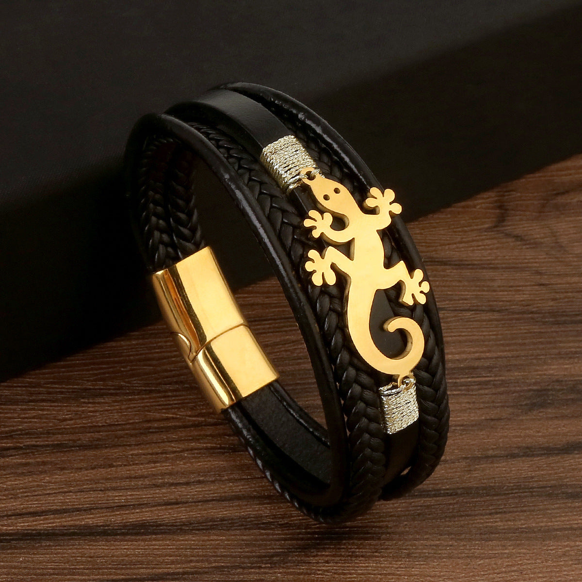 Simple Style Vintage Lizard Stainless Steel Leather Men's Bracelet