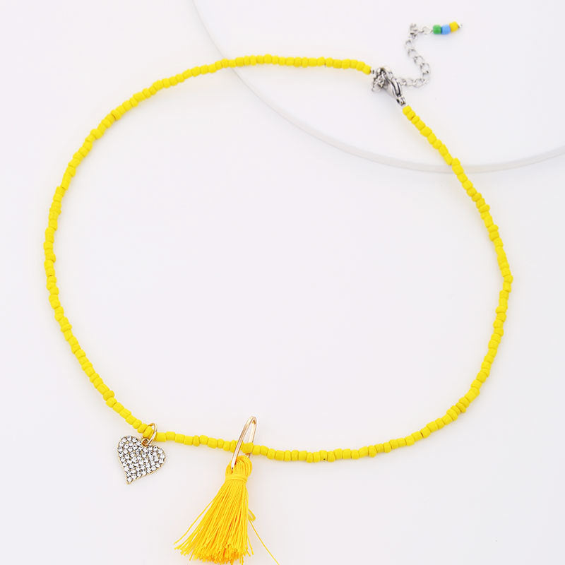 Handmade Geometric Heart Shape Glass Beaded Tassel Necklace