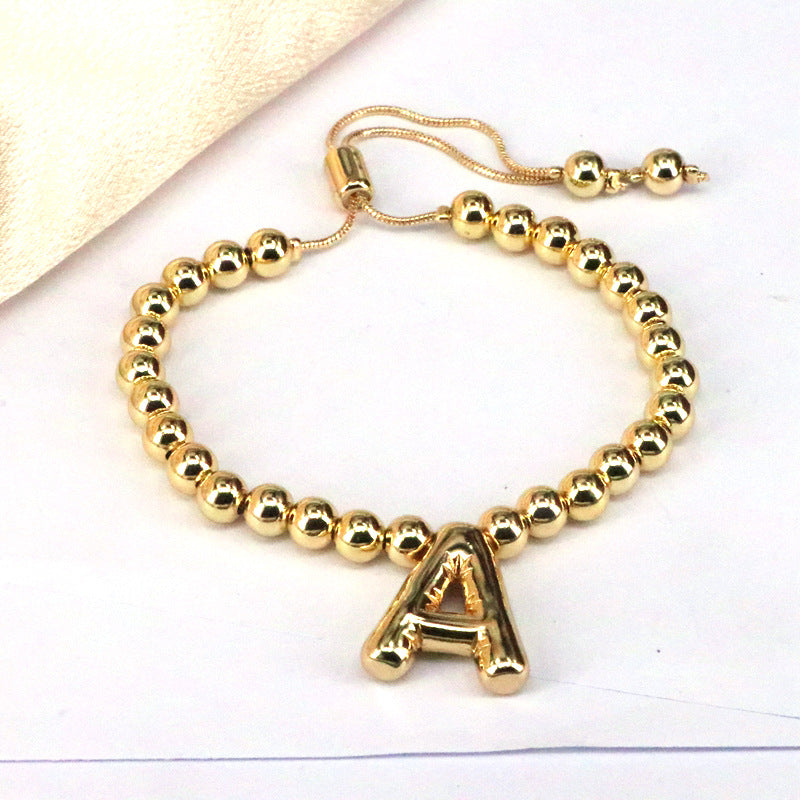 Copper Gold Plated Adjustable Initial Letter Beaded Bracelet for Women