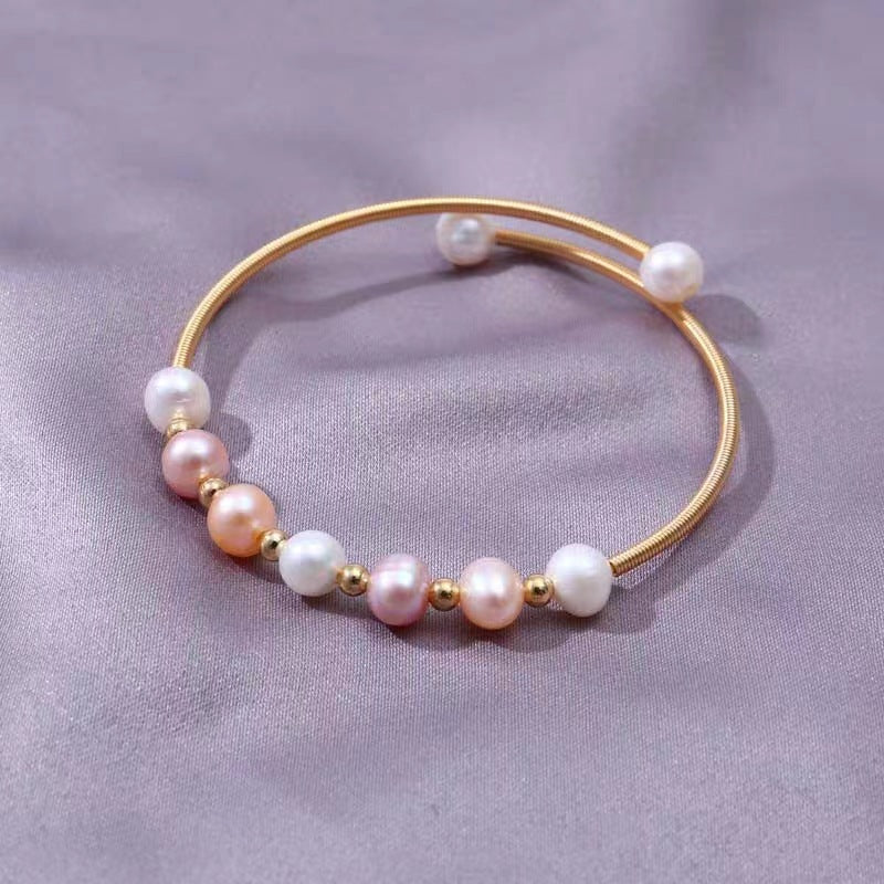 Elegant Retro Freshwater Pearl Braided Gold Bangle Bracelet