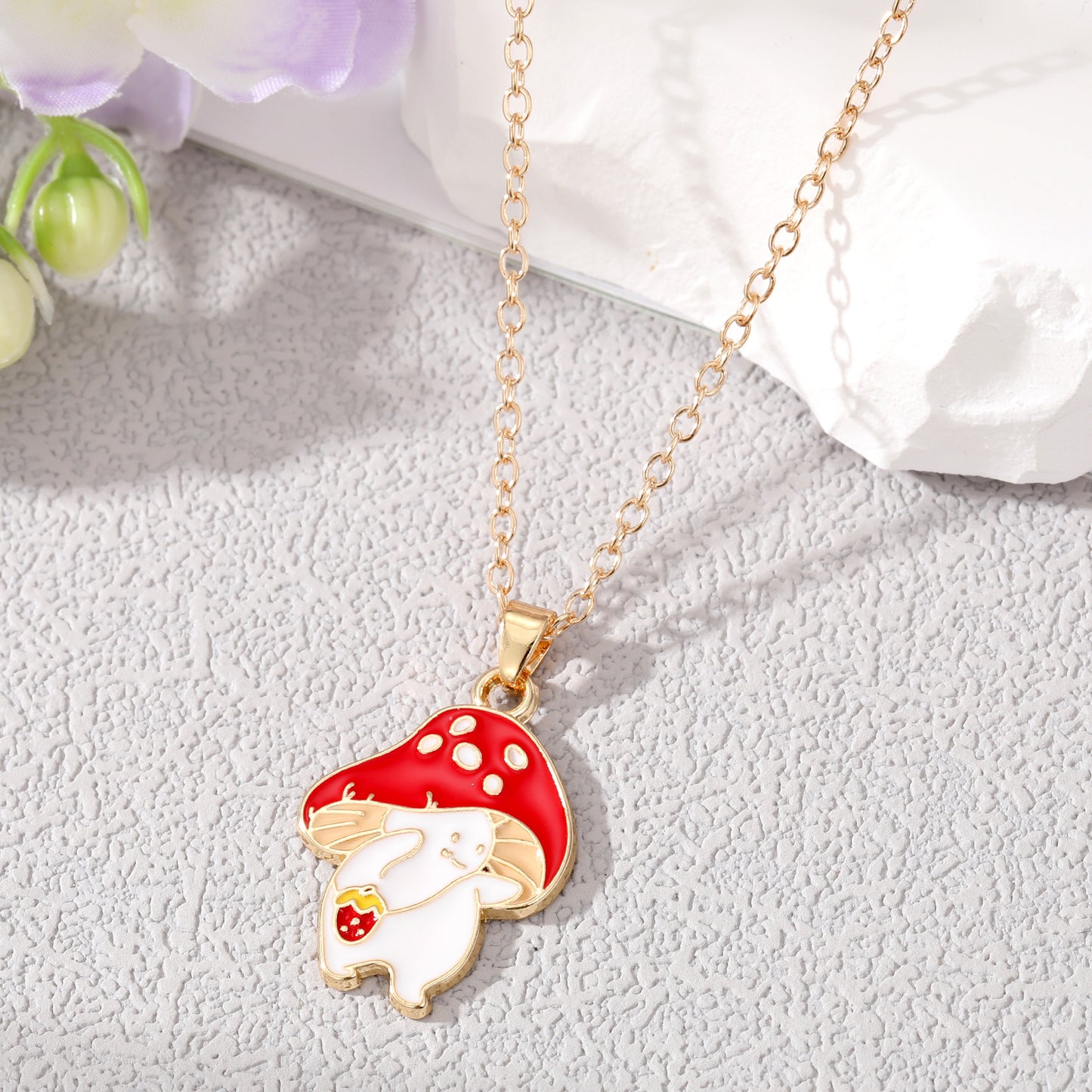 Cute Cartoon Mushroom Enamel Pendant Necklace