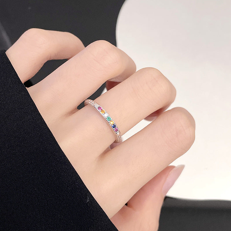 Geometric Sterling Silver Zircon Open Ring with Rainbow Design