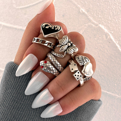 Retro Spades Playing Card Ring Set - Creative Personality Joint Rings, 7-Piece Collection