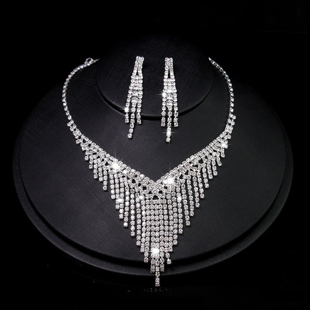 Luxurious Bridal Rhinestone Tassel Necklace and Earring Jewelry Set